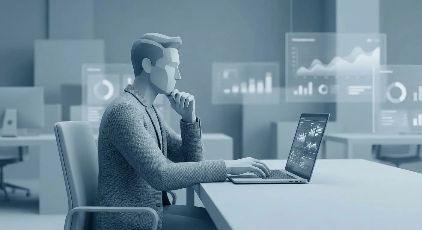 Abstract illustration of an iGaming promotions analyst working on a laptop