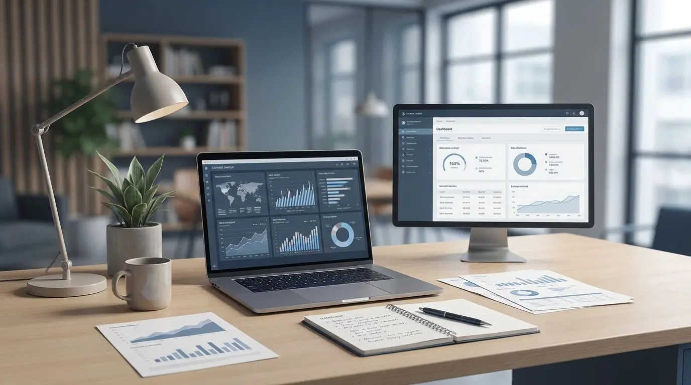 Editorial illustration of an analyst workspace for iGaming content research