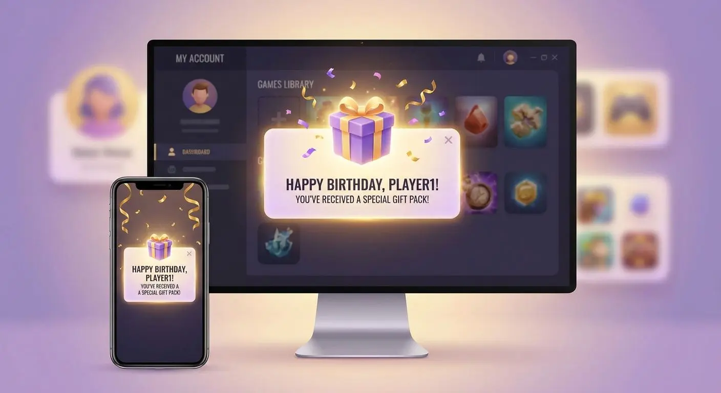 Player receiving a birthday gift notification in an online gaming account interface