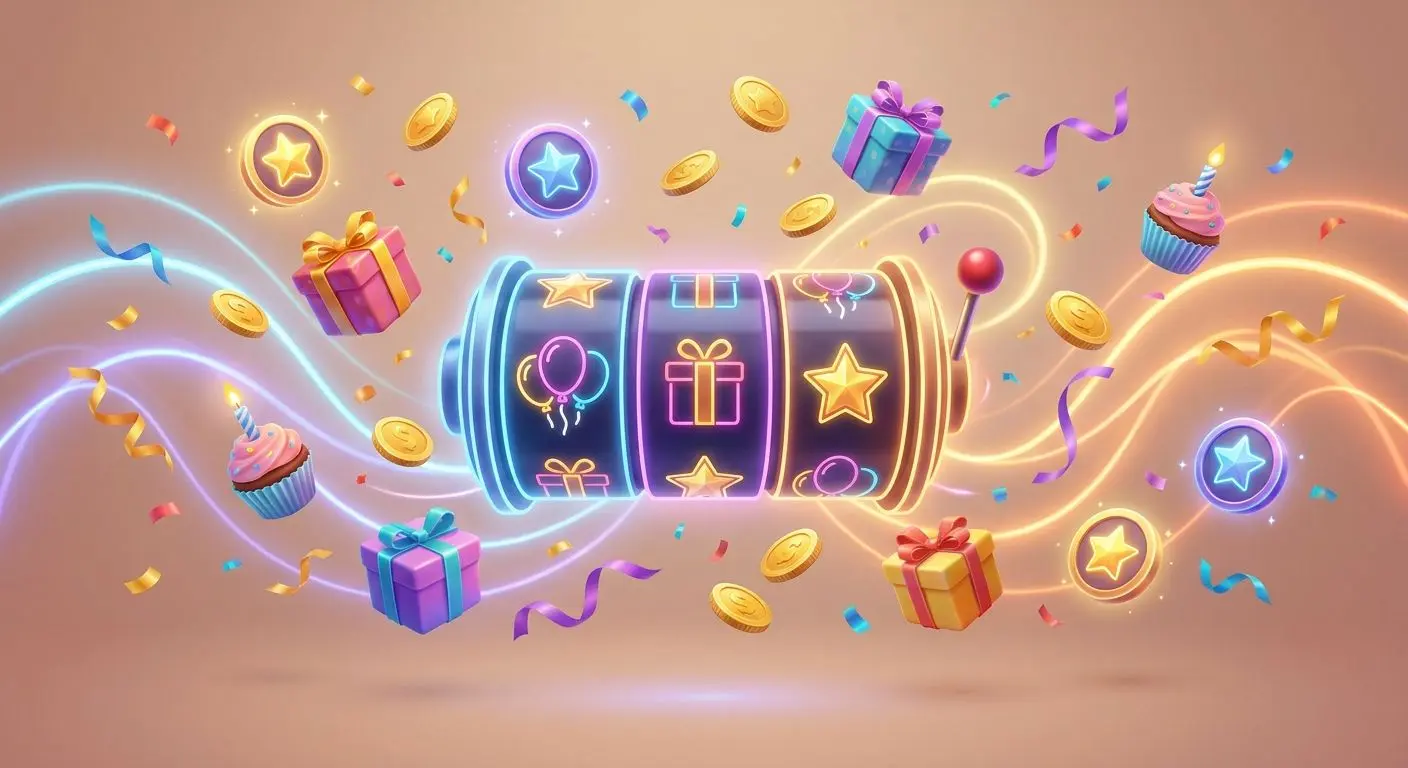 Birthday reward variety illustration with reels, coins and gifts