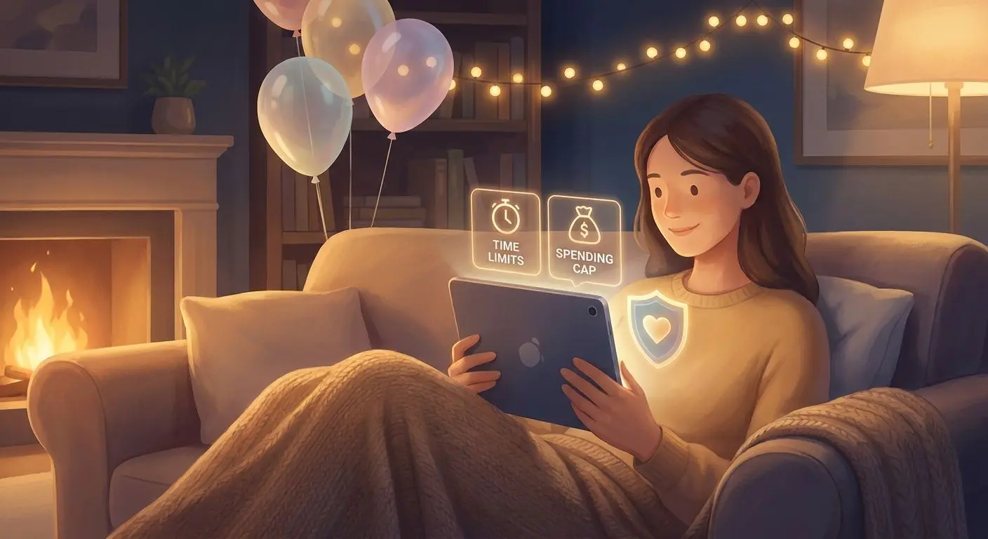 Player using account limits in a calm birthday-themed setting