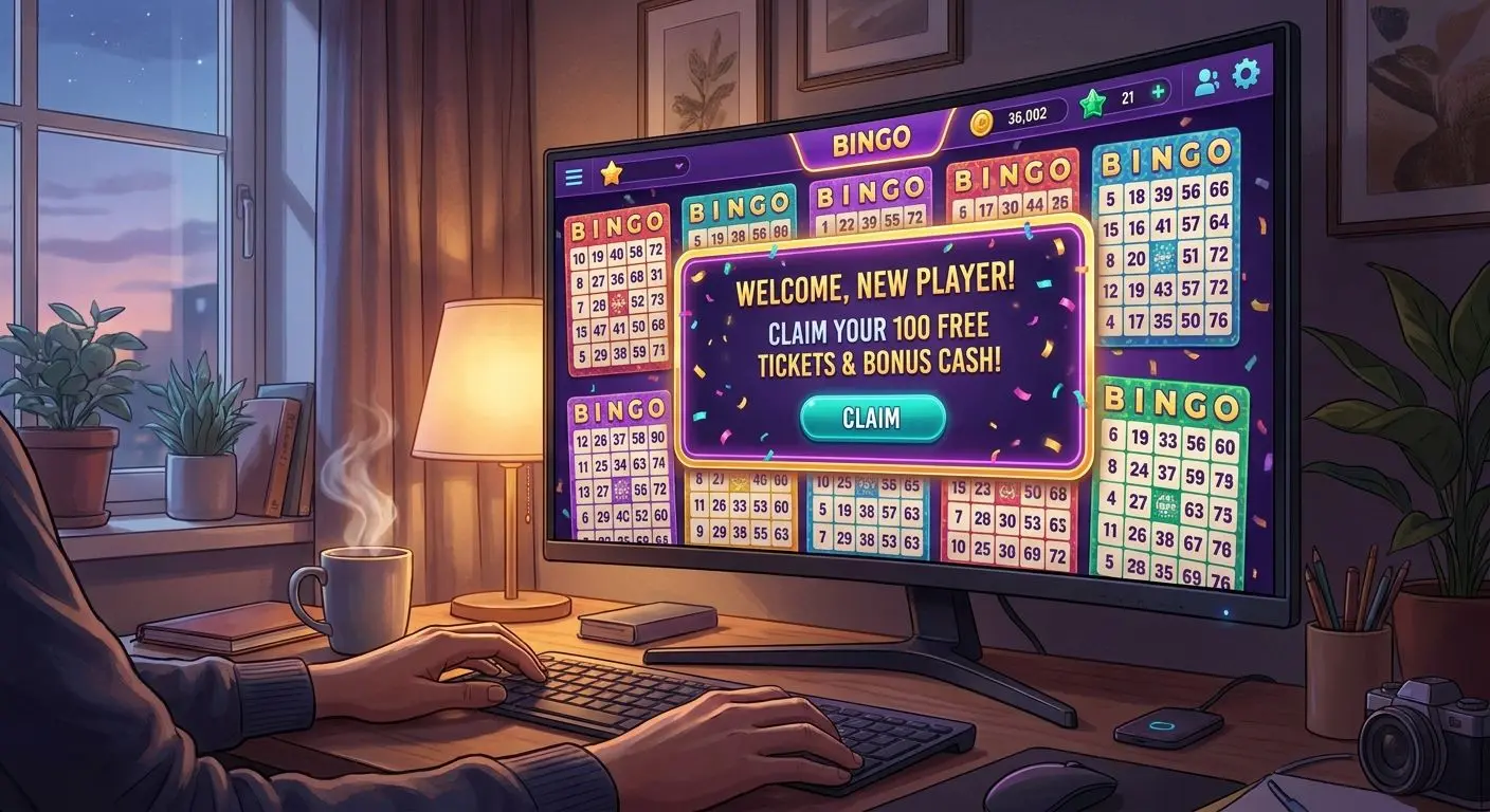 New player exploring an online bingo lobby welcome promotion