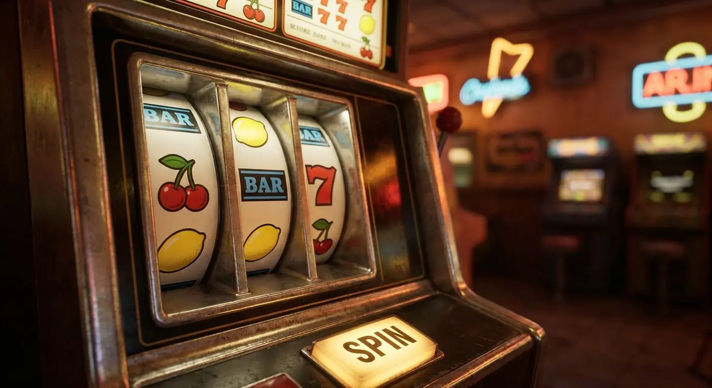 Close-up of a classic fruit machine with fruit symbols and spin button