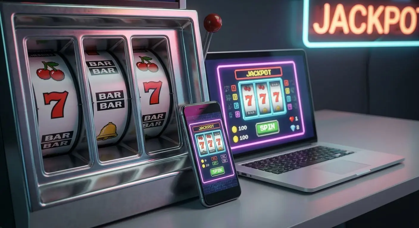 Classic fruit machine beside laptop and smartphone with online retro slot interface