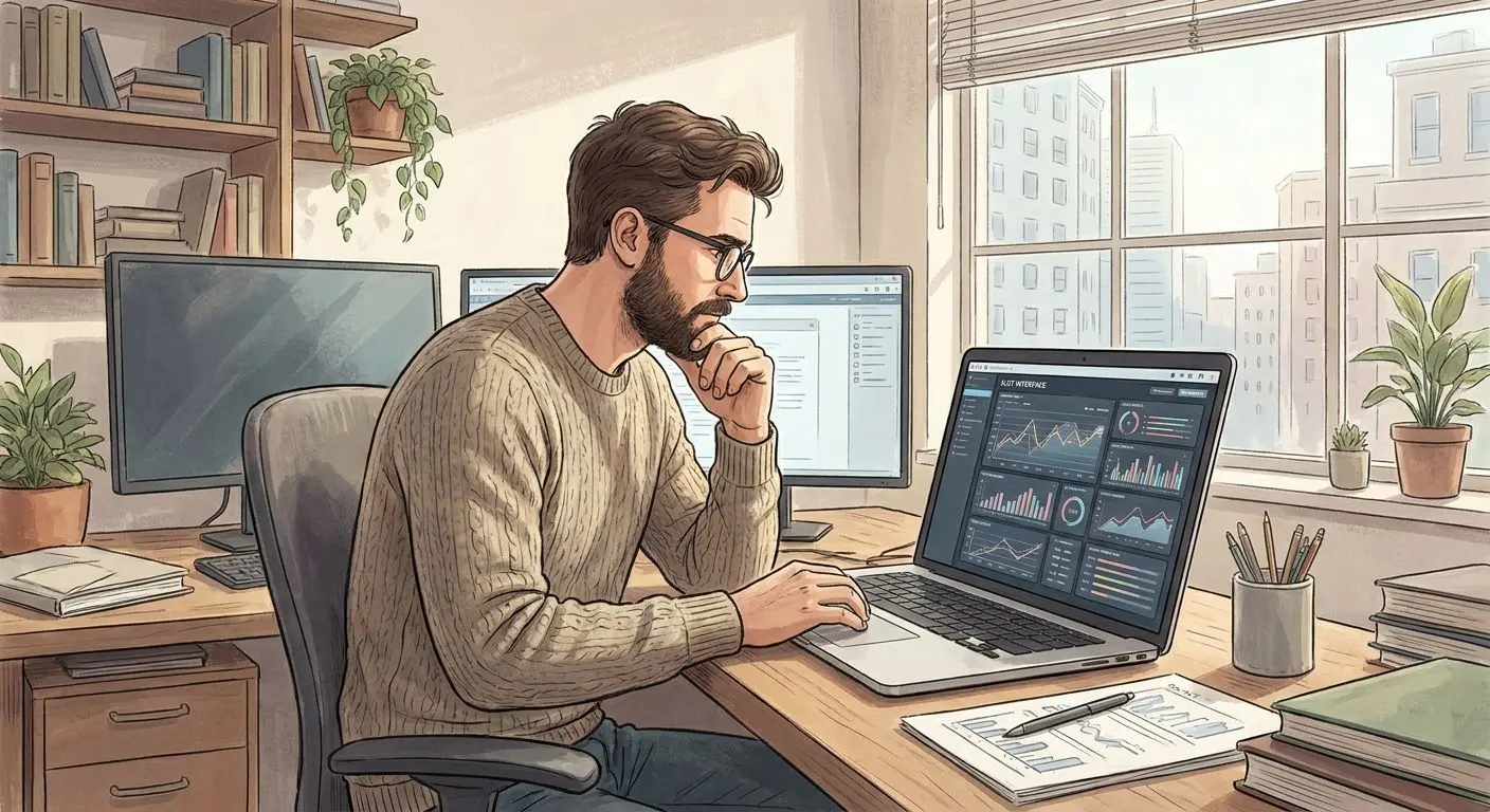 Fictional analyst reviewing online slot data at a desk