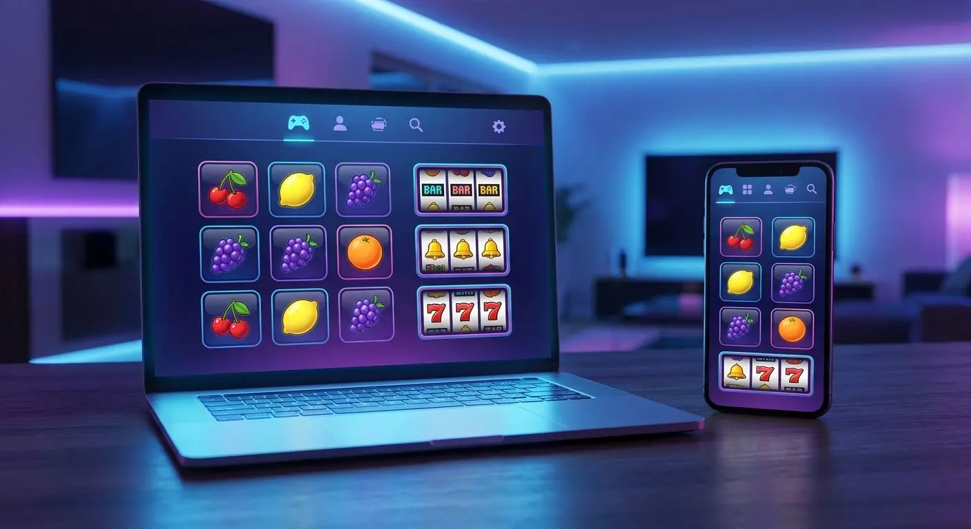 Online gaming lobby with fruit slot icons on laptop and smartphone