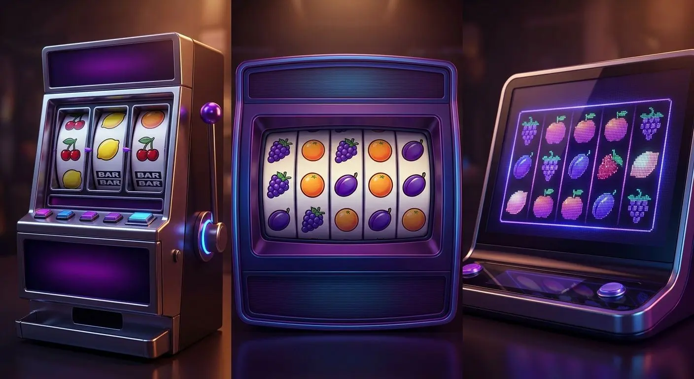 Collage of 3-reel and 5-reel retro fruit slot styles