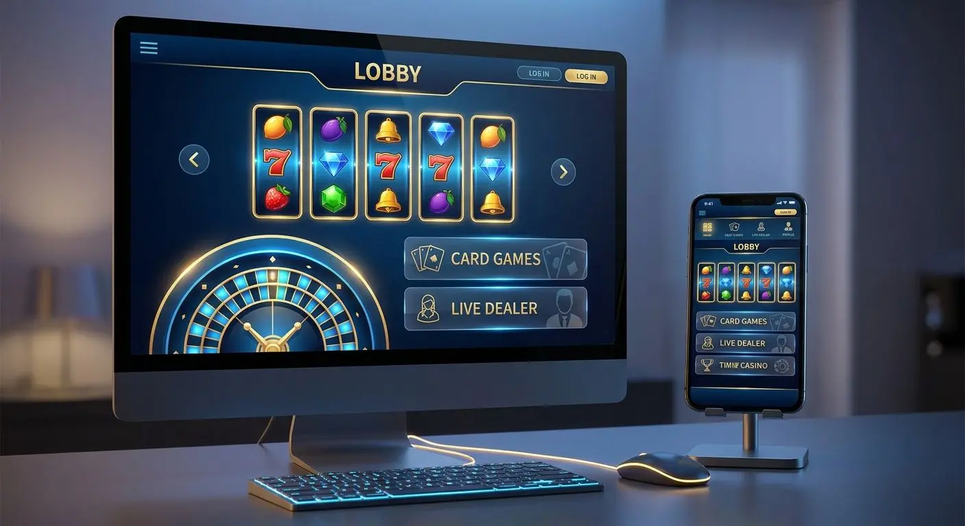 Desktop and mobile digital lobby with slot, roulette and card game interface