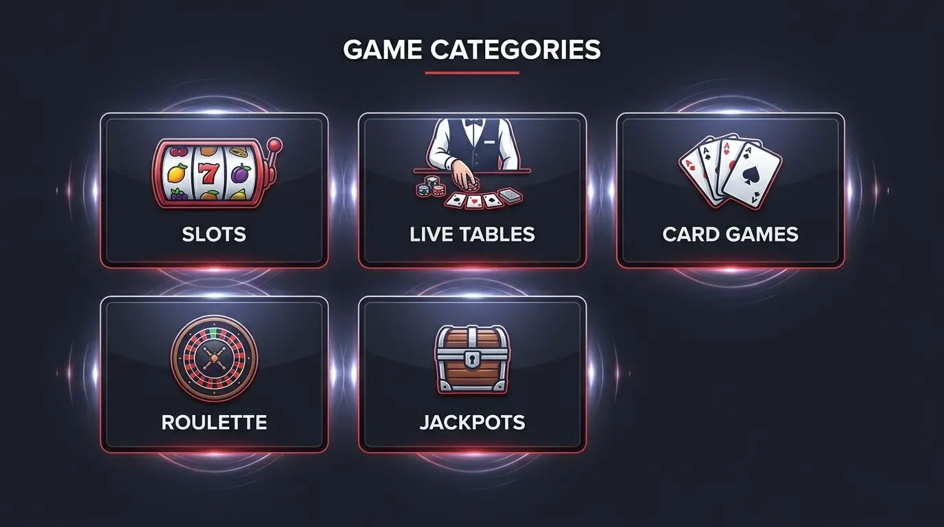 Variety of games on the digital platform Game selection grid with slot-style and live table entertainment categories