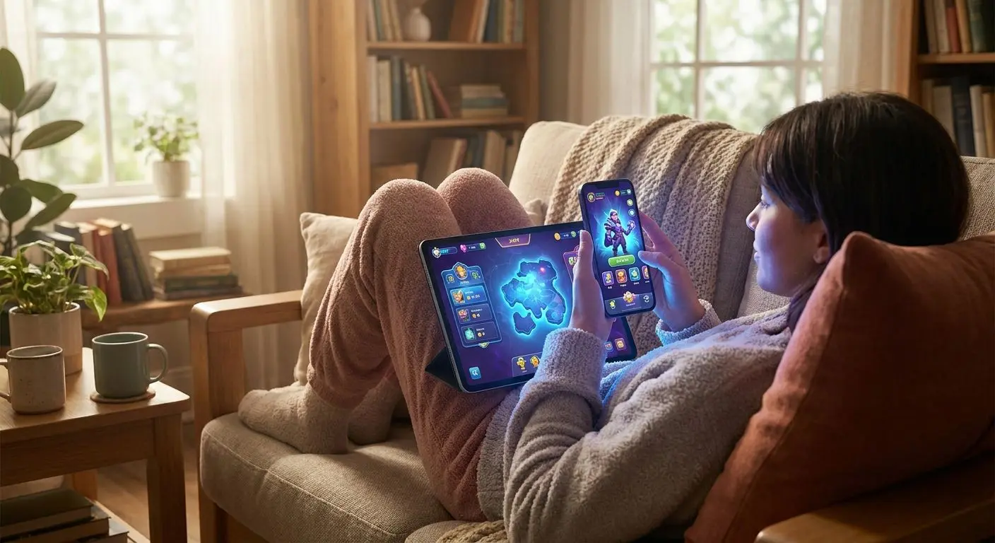 Mobile user accessing digital games on smartphone and tablet