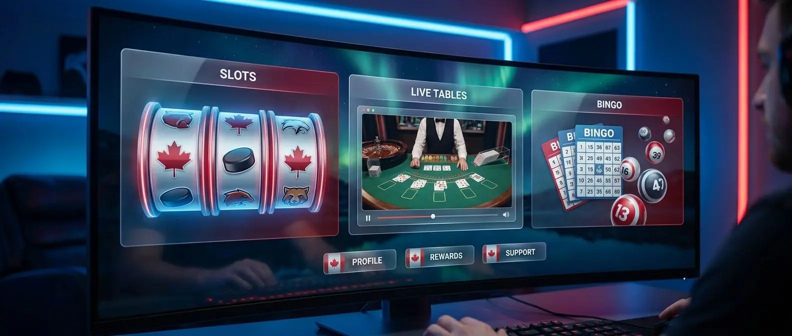 Platform lobby interface overview Digital gaming platform lobby interface with multiple game categories for Canadian users