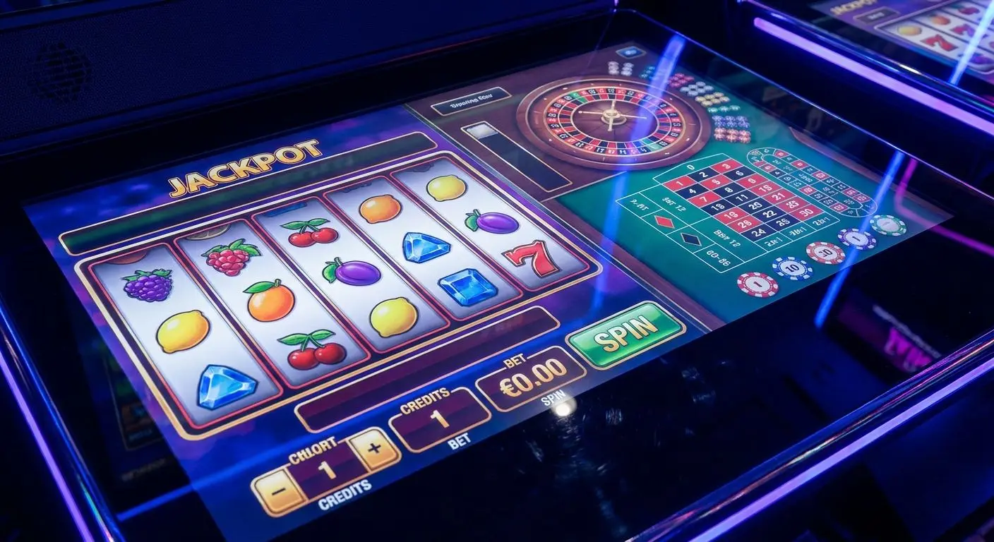 Close-up of slot reels and roulette interface showing varied game choice