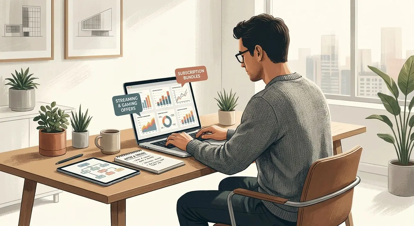 Editorial illustration of an analyst reviewing welcome offers