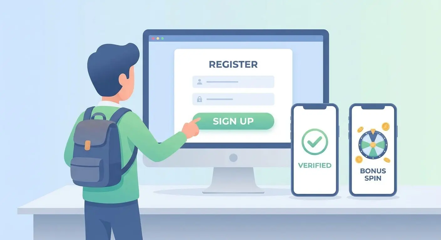 Step by step registration and free spins activation illustration
