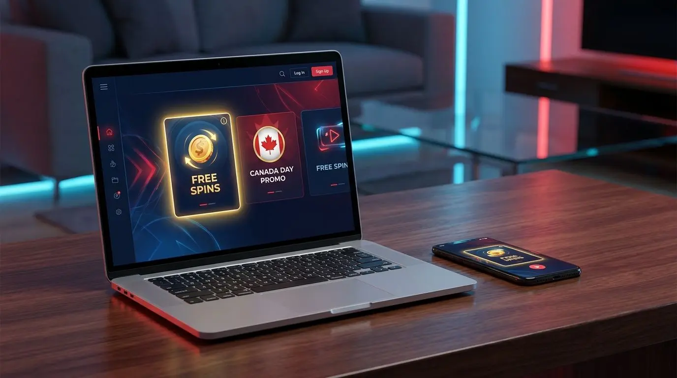 Free Spins Interface on Desktop and Mobile Laptop and smartphone showing a free spins promo interface for Canadian users