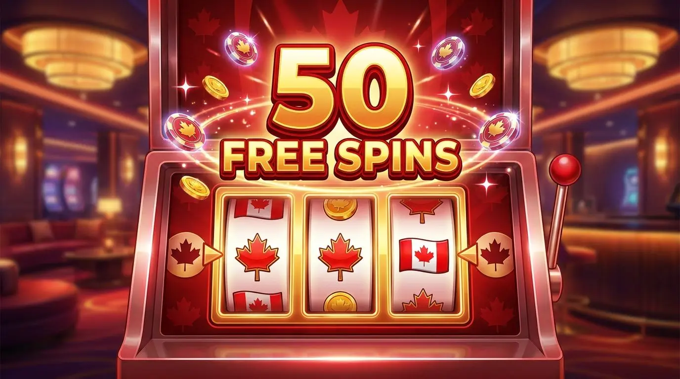 Illustration of 50 free spins bundle with Canadian theme