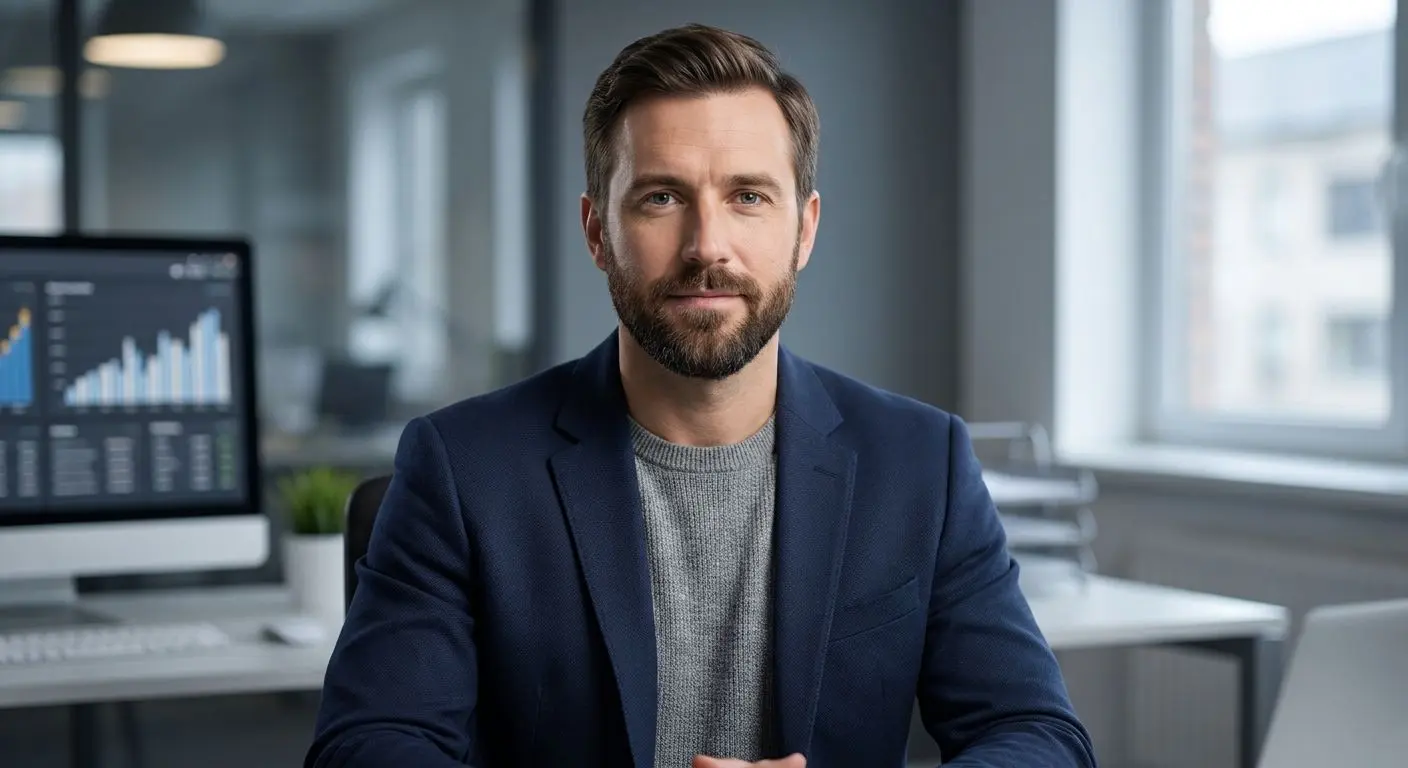 Fictional author avatar in a neutral business style