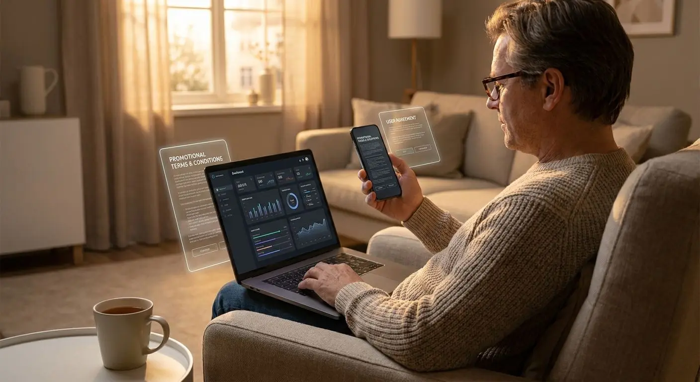 User carefully reading promotion rules on a laptop before claiming an offer