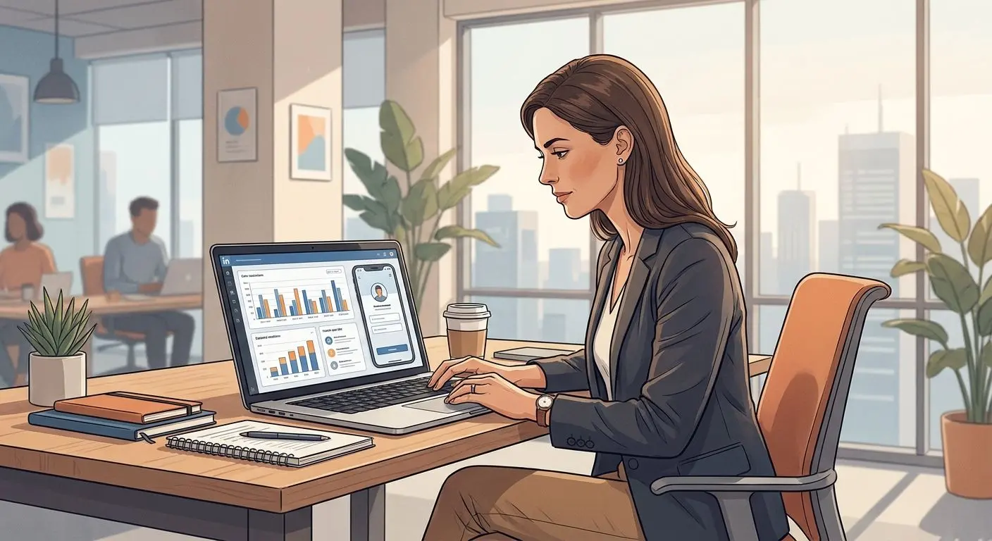 Author profile illustration Fictional analyst reviewing mobile gaming content on a laptop