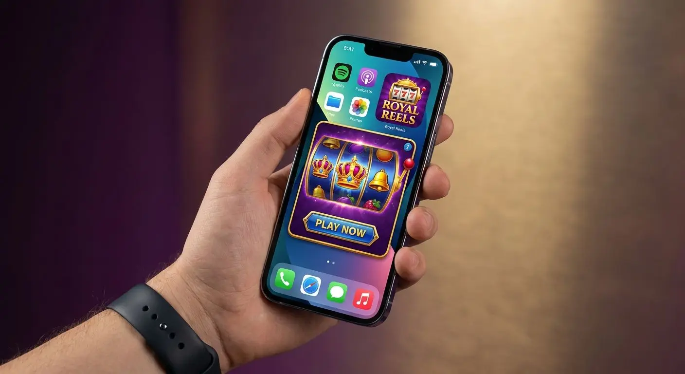 Hand holding iPhone with PlayOJO-style app screen and home screen icon