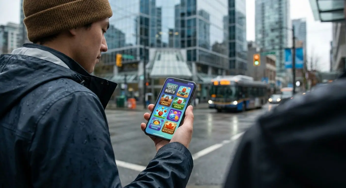 Play anywhere in Canada with PlayOJO on iPhone Person using iPhone for PlayOJO mobile gaming on the go in Canada