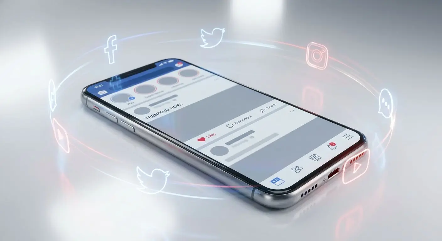 Mobile phone with social media feed and social icons
