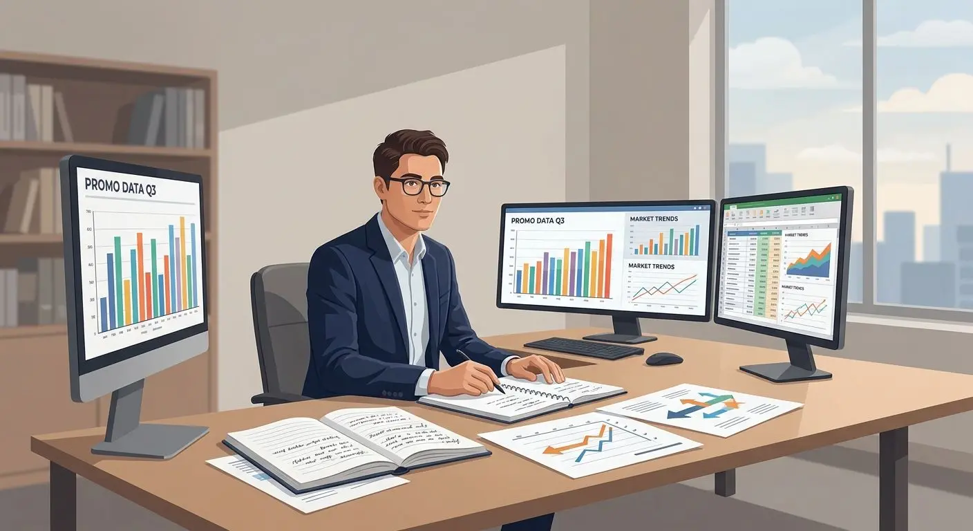 Author Illustration for Bonus Analysis Page Fictional analyst reviewing bonus offer details at a desk