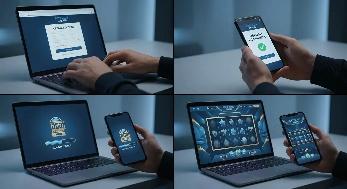 Registration and deposit steps shown on laptop and smartphone