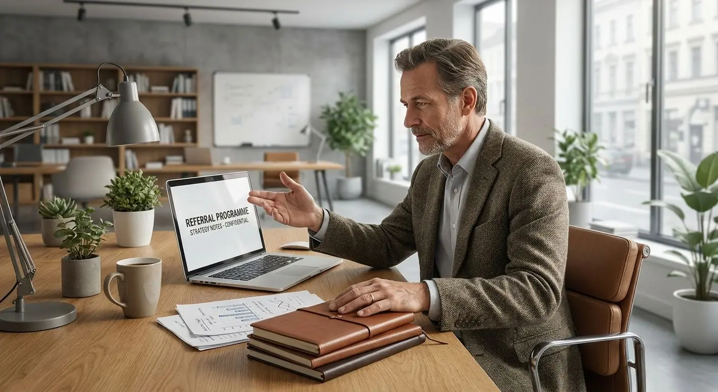 Expert writer reviewing referral programme notes at a desk
