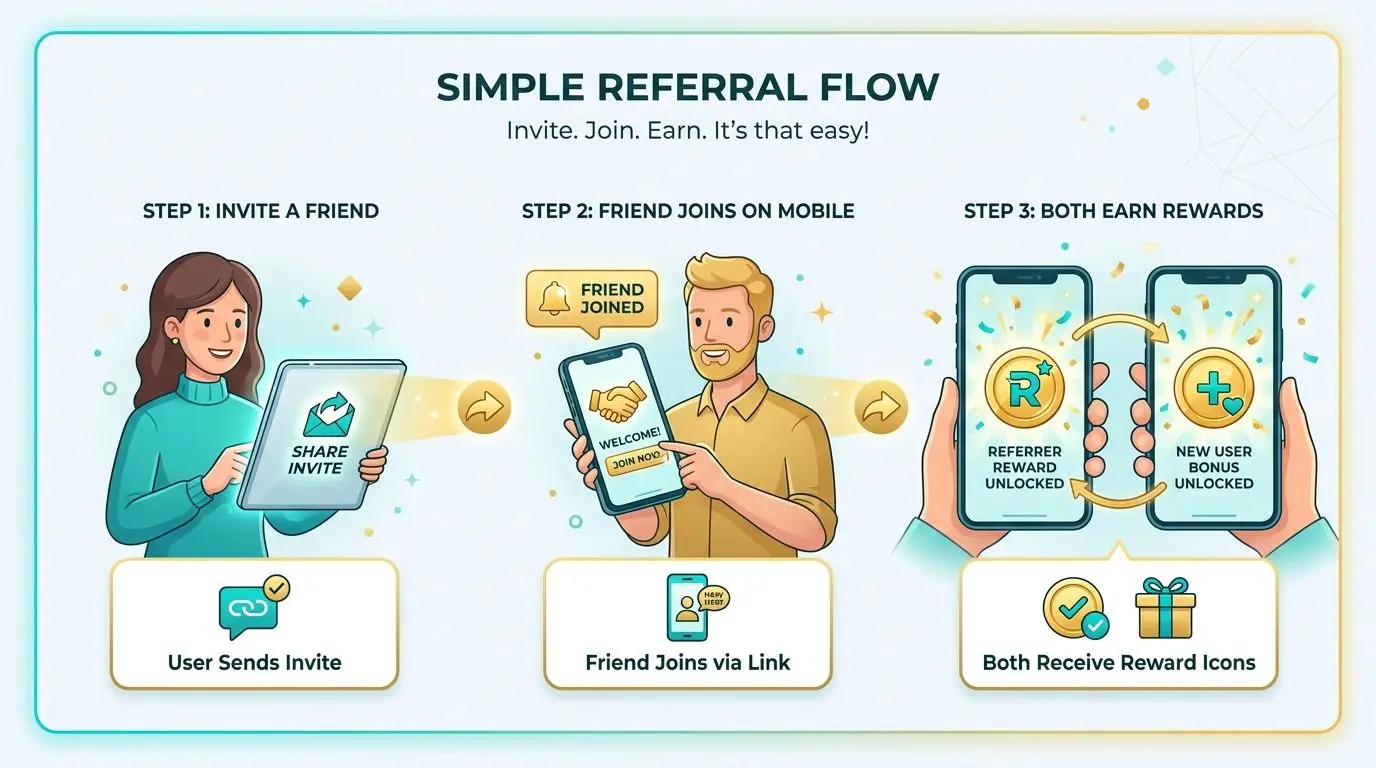 PlayOJO invite process diagram Simple referral flow diagram showing invite, join, and rewards