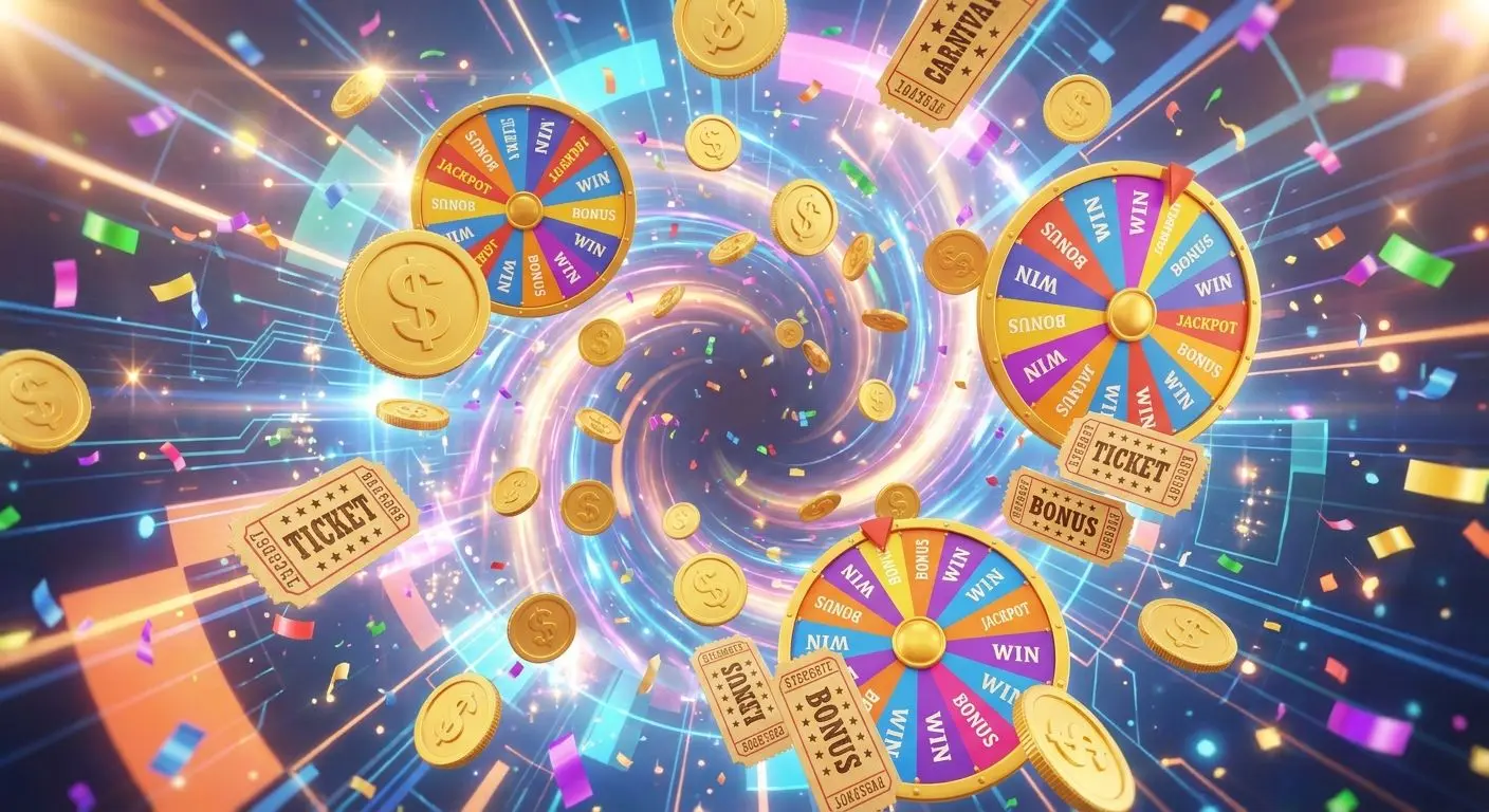 Reward icons including spins tickets and coins in a celebratory scene