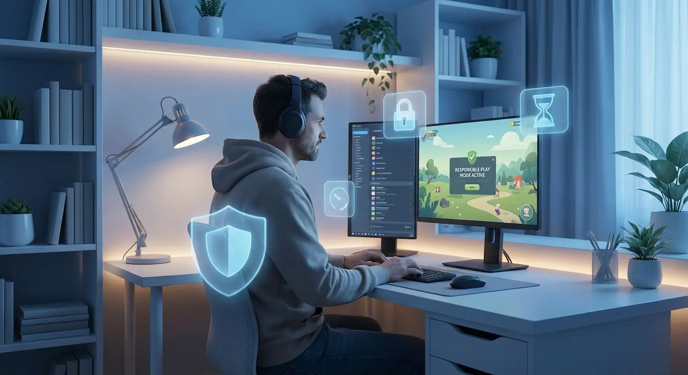 Responsible play scene with safety icons around a user at a computer
