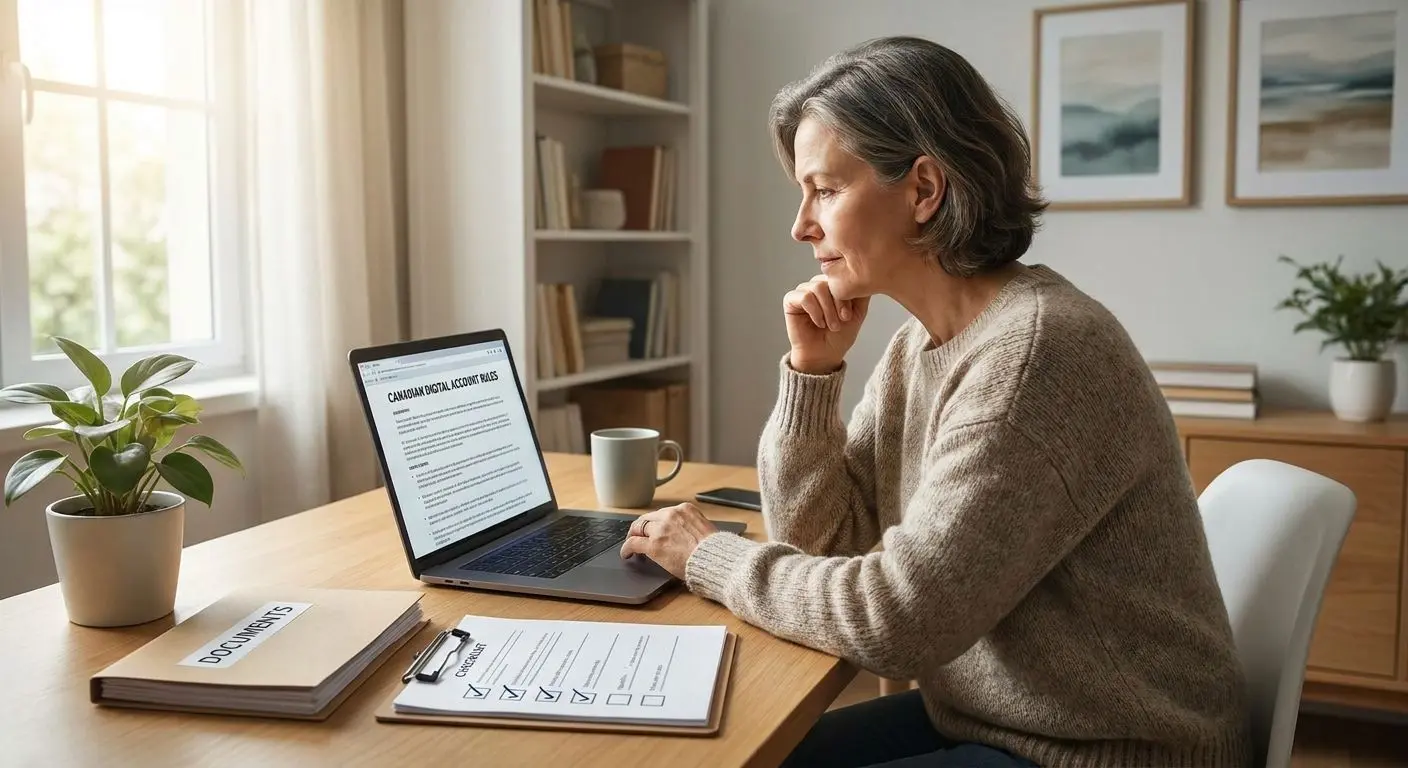 Responsible Canadian player reviewing terms Adult Canadian user reading online account terms and checklist