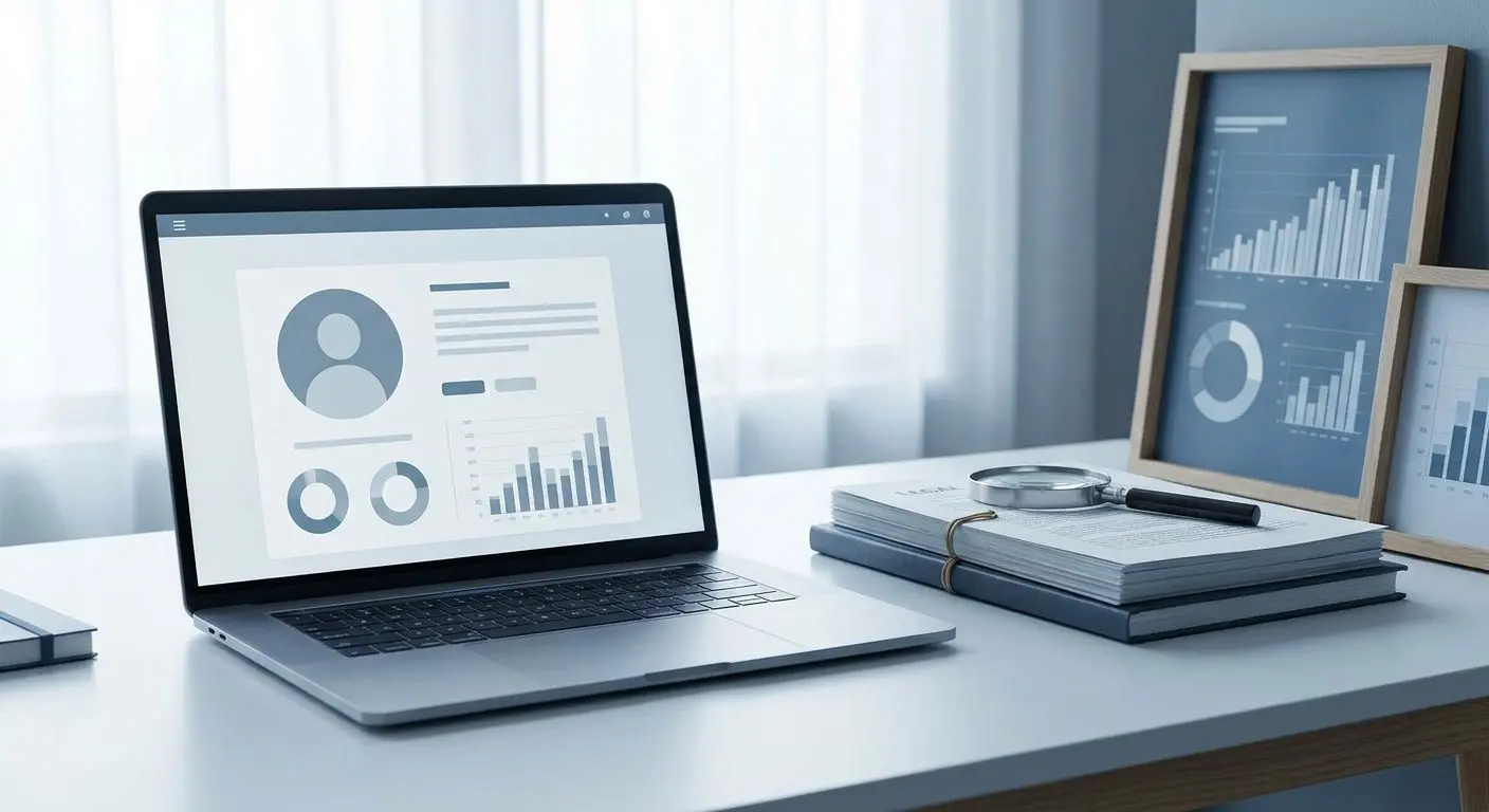 Expert review analyst illustration Abstract legal and SEO analyst workspace illustration