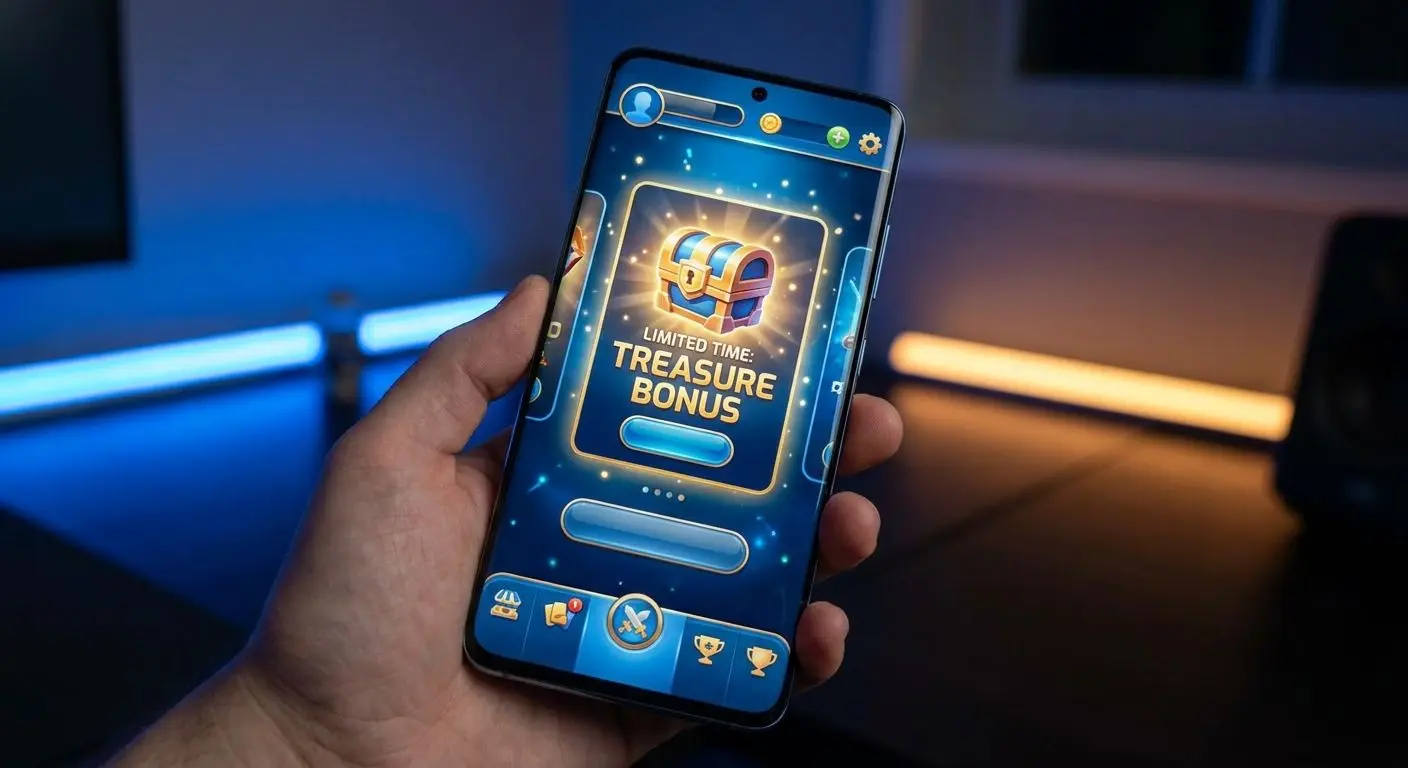 Mobile lobby screen with featured offers and game categories