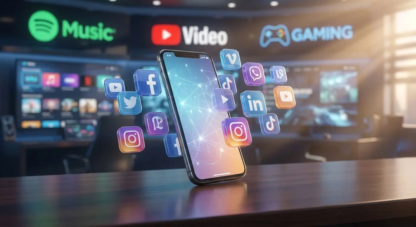 PlayOJO mobile social channels Smartphone with social media icons for staying connected on mobile