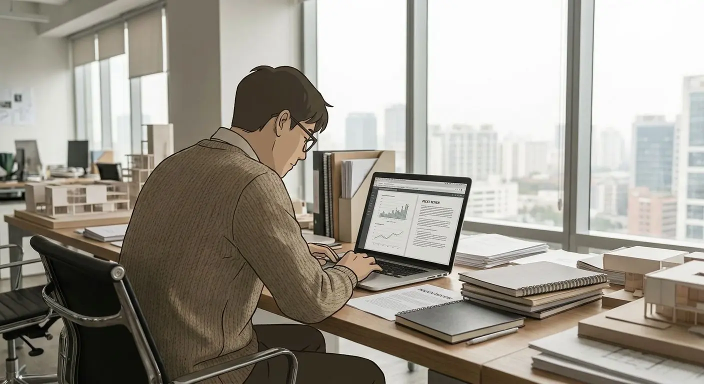Author and analyst illustration Illustration of an analyst reviewing bonus policy documents