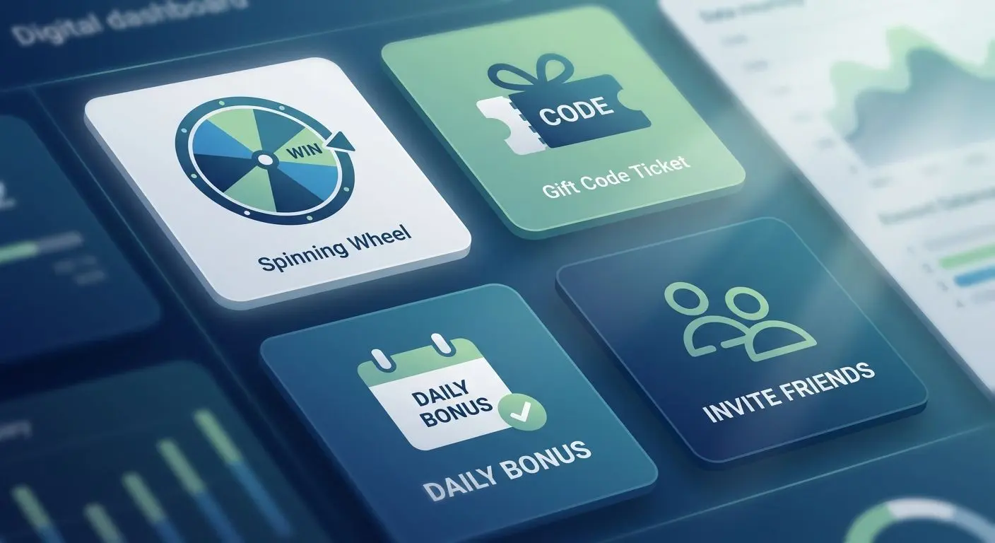Icons representing free spins, bonus codes and kicker promotions