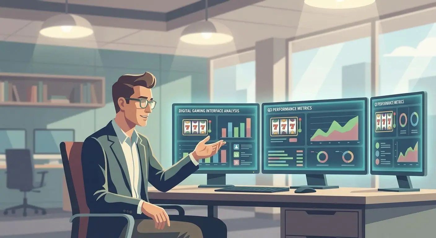 Illustrated expert analyst reviewing slot game data on screens