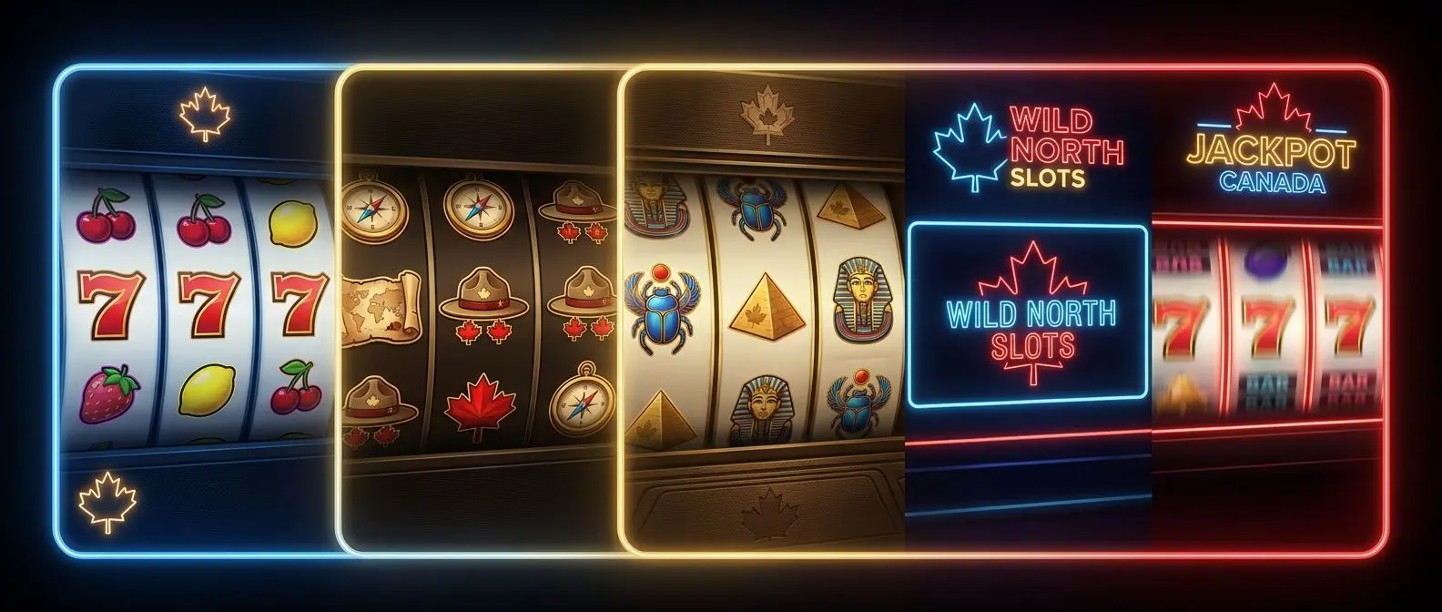 Collage of slot styles with Canadian visual accents and spinning reels