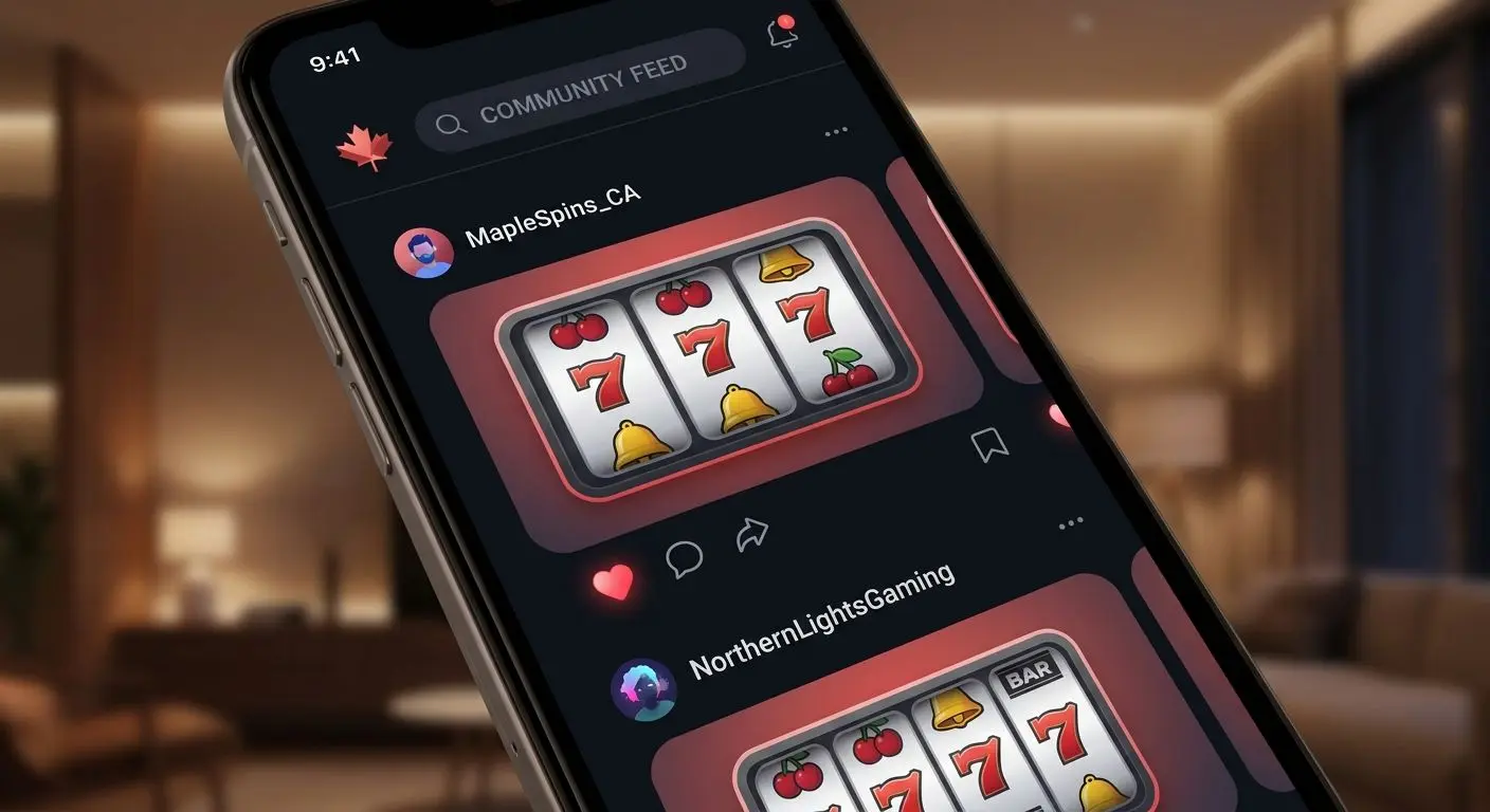 Social media themed visual with smartphone feed and slot reel previews