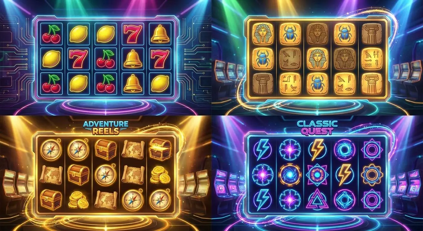 Collage of slot themes including fruit, adventure, mythology, and neon reels