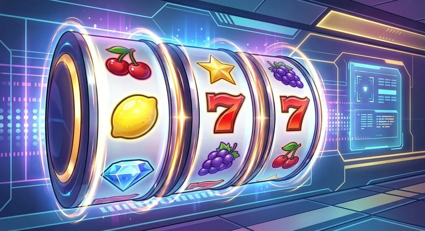 Spinning slot reels with fruit, sevens and star symbols