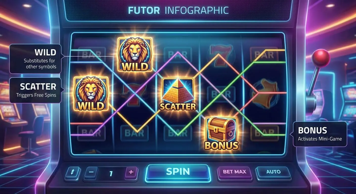 Infographic showing wild, scatter and bonus symbols on slot reels