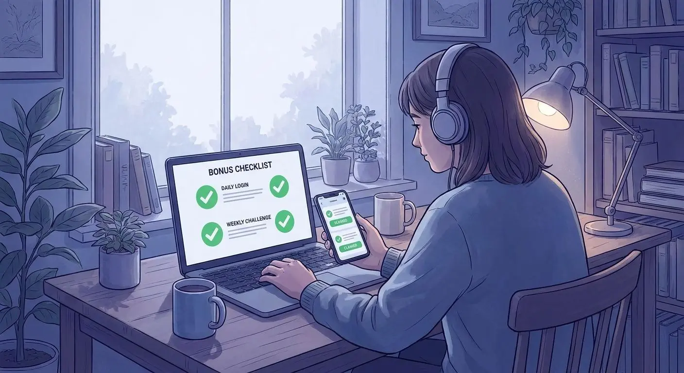 Player checking bonus terms on laptop and phone before claiming an offer