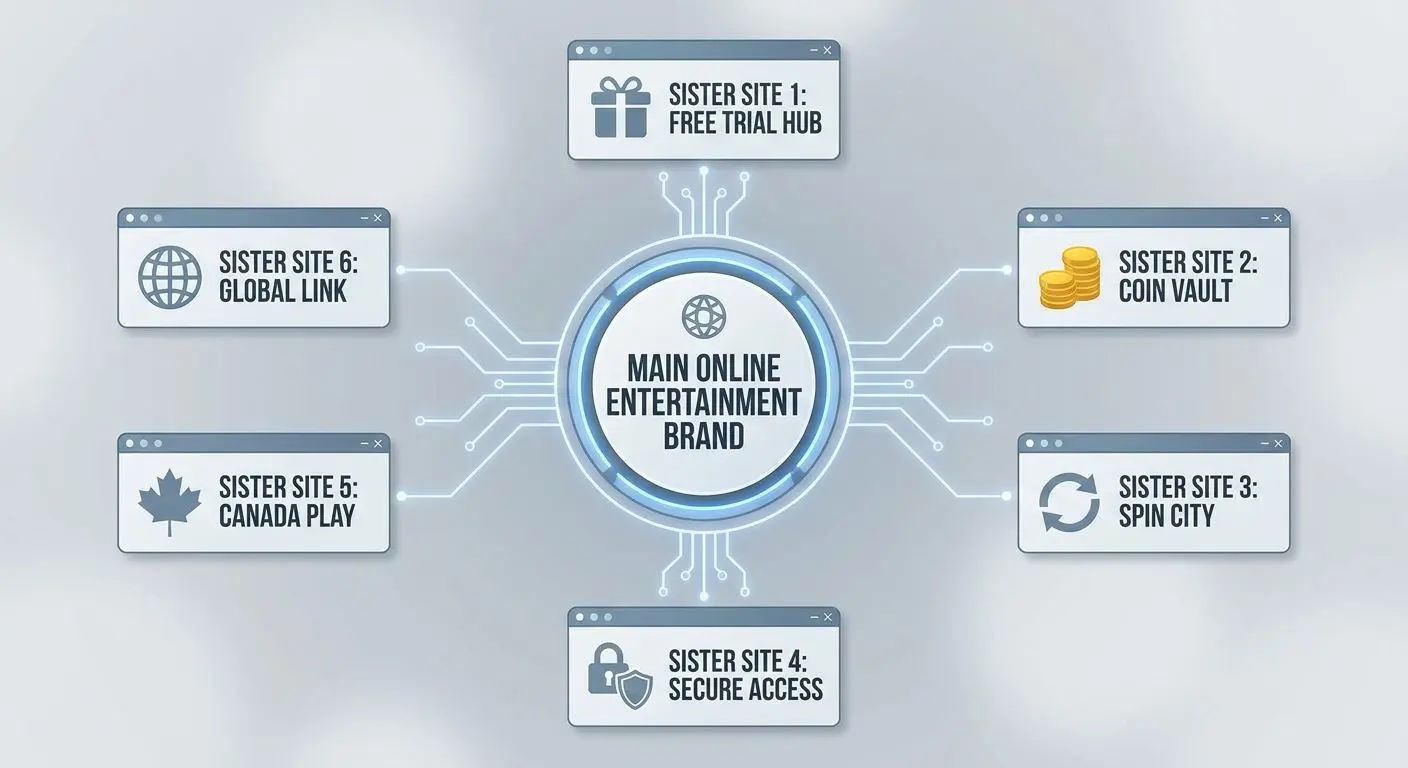 Diagram showing a main brand linked to sister sites with free play concept