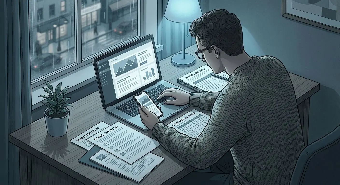 User checking bonus terms and promo tables on a laptop