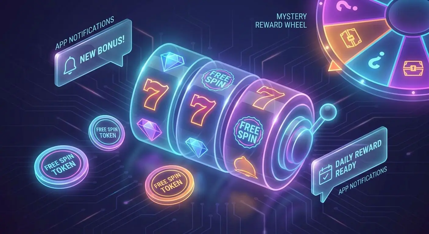 Free spin promo types shown as reels, tokens and notification cards