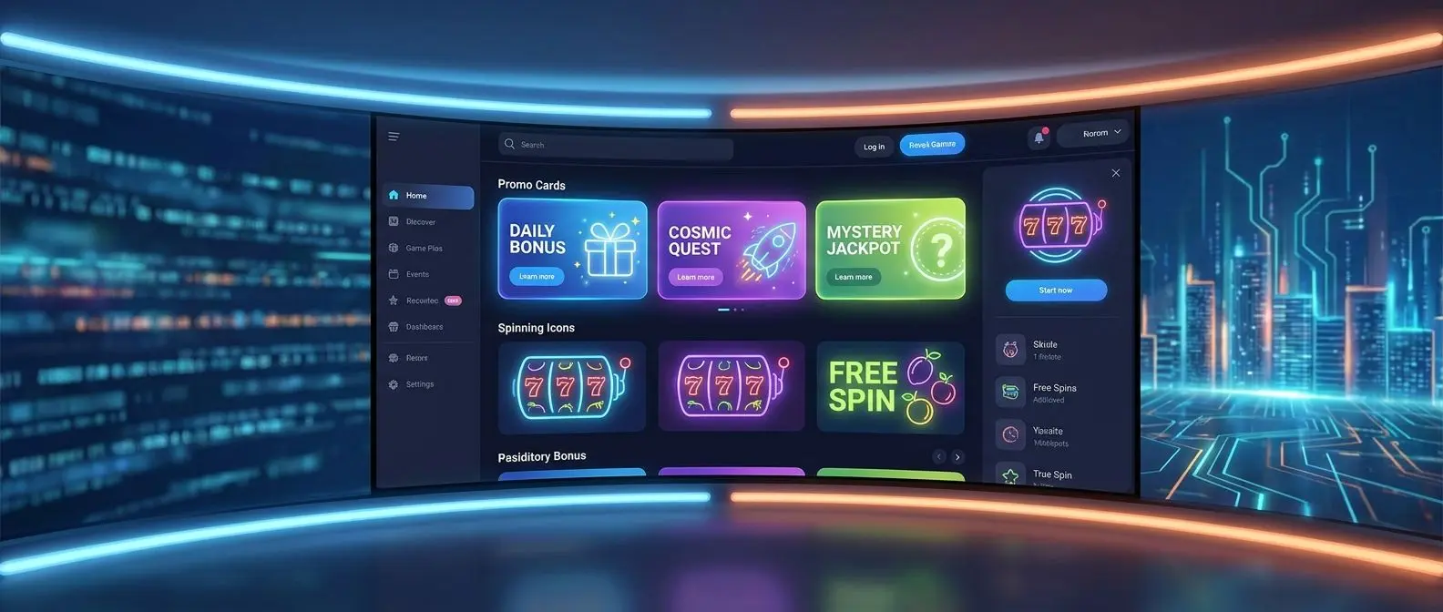 Online gaming interface with promotional cards and free spin icons