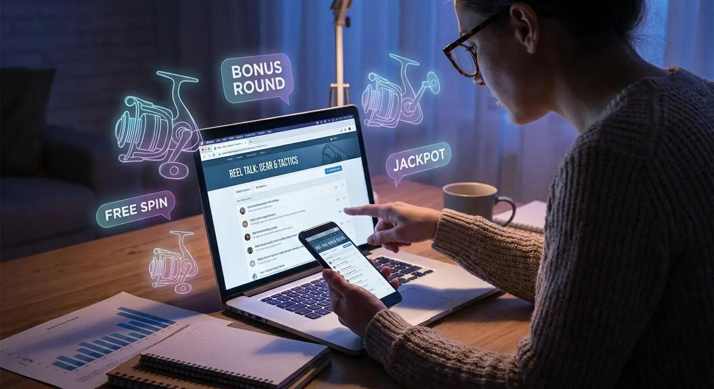 User reading forum threads about free spins on a laptop beside slot-style icons
